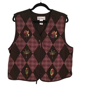 Bechamel Vintage Vest XL Brown Plaid‎ Diamond Leaf Embroidered Cotton Blend